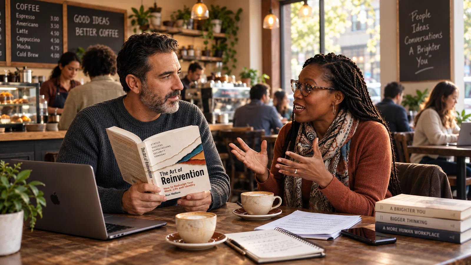 Two people in conversation across a cafe table, one holding a copy of The Art of Reinvention