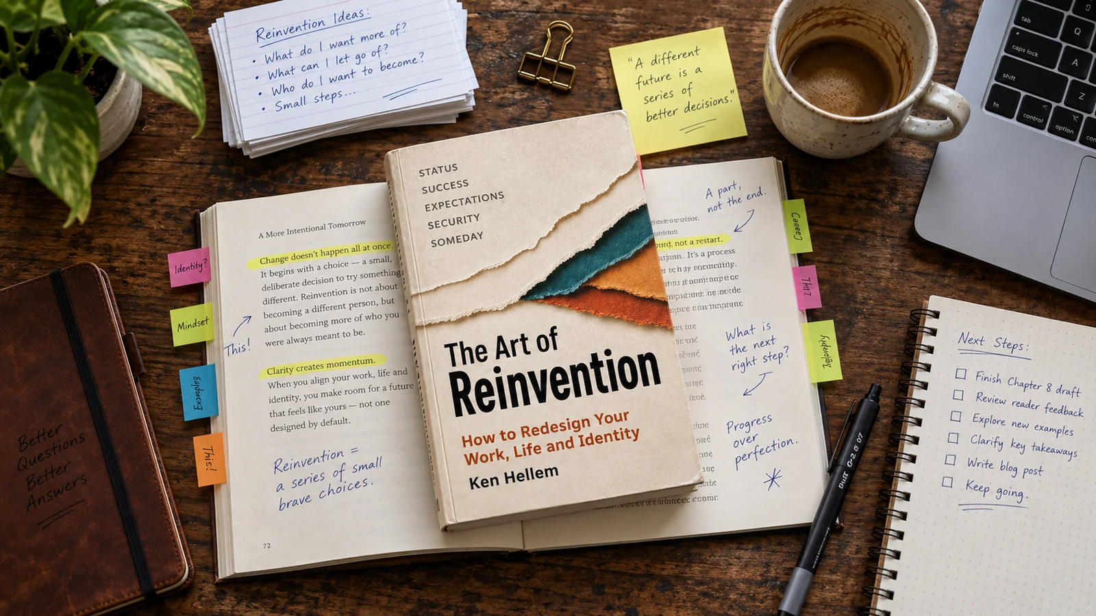 A desk with The Art of Reinvention on an open journal, sticky notes, coffee and a Next Steps checklist