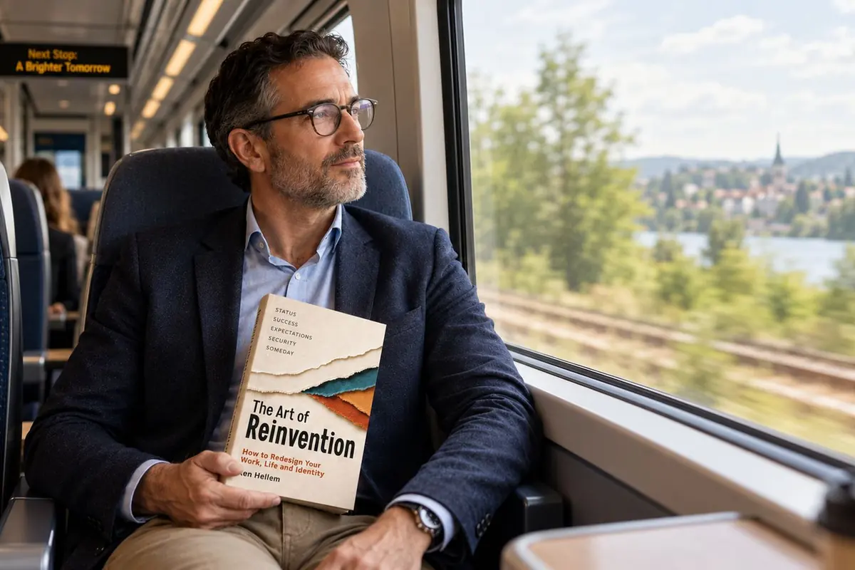 Someone reading The Art of Reinvention on a train
