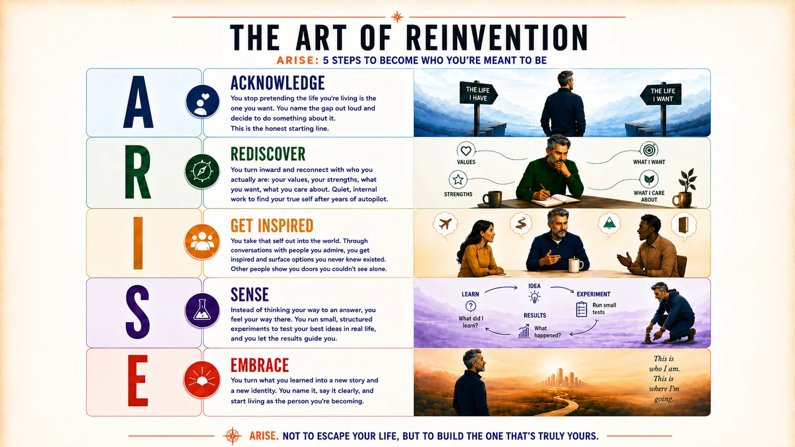 The five stages of reinvention, which spell ARISE: Acknowledge, Rediscover, Get Inspired, Sense, Embrace