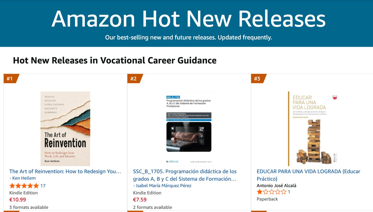 Amazon Spain Hot New Releases list for Vocational Career Guidance. The Art of Reinvention by Ken Hellem, Kindle edition, is #1, ahead of two Spanish-language books at #2 and #3.