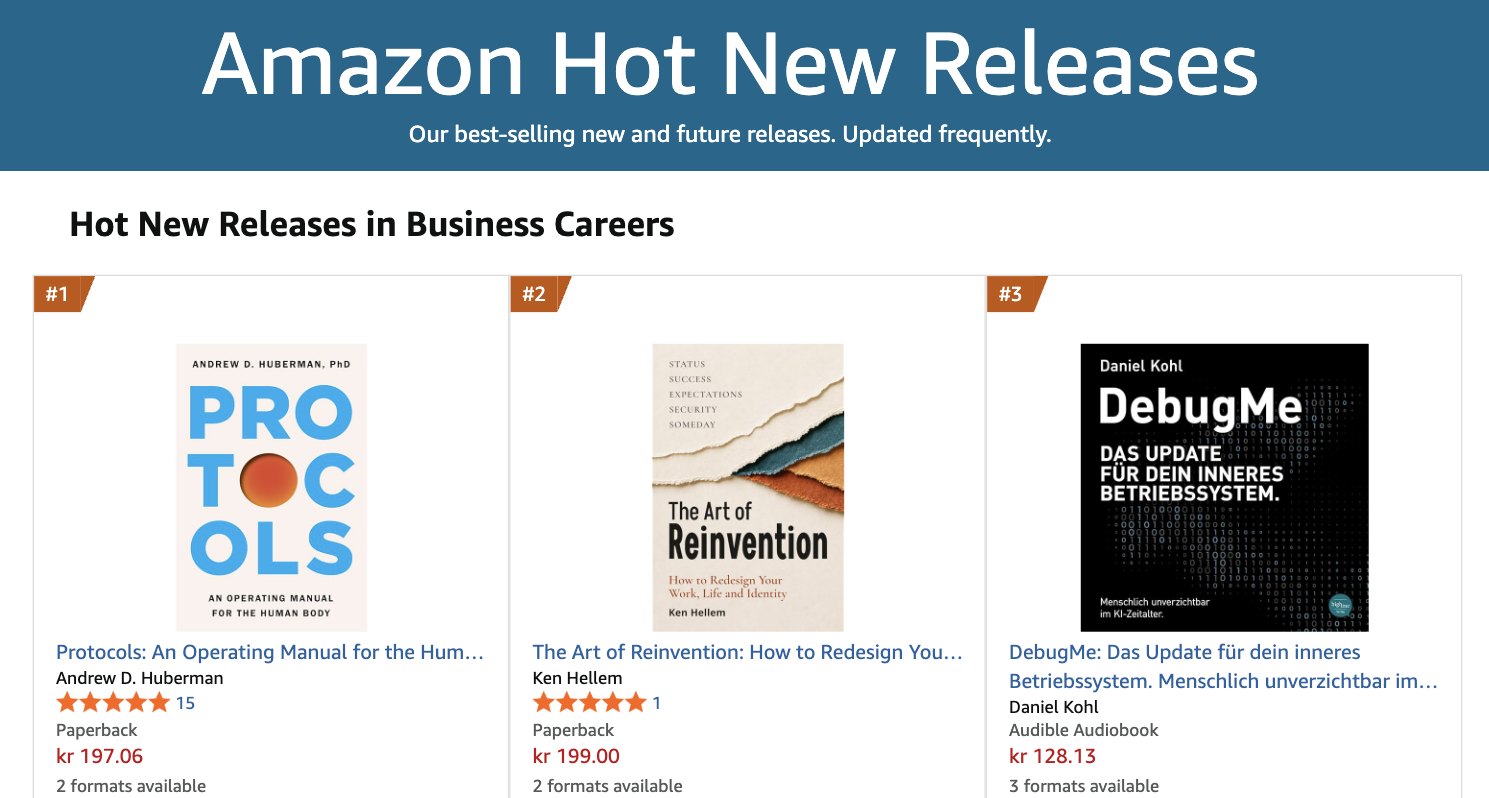 Amazon Sweden Hot New Releases list for Business Careers. The Art of Reinvention by Ken Hellem, paperback, is #2, between Protocols by Andrew D. Huberman at #1 and DebugMe by Daniel Kohl at #3.