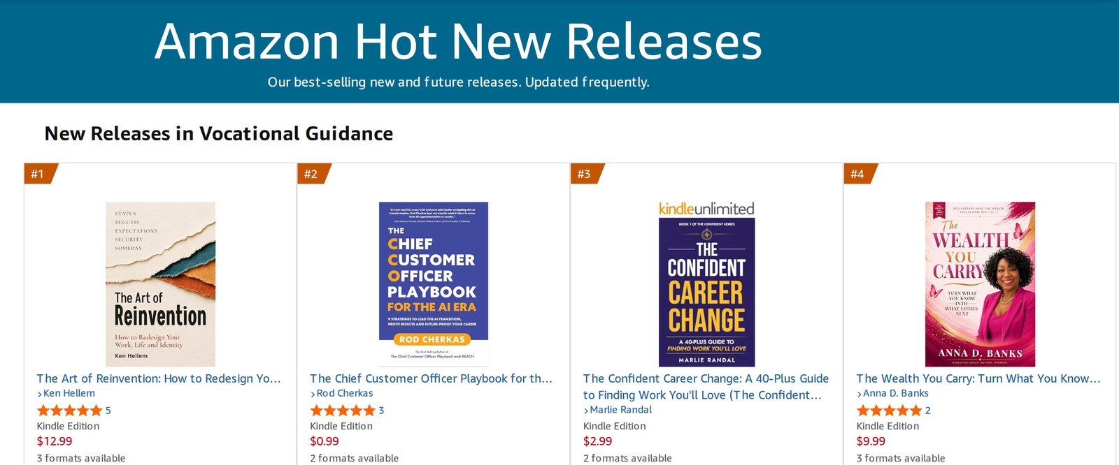 Amazon US Hot New Releases list for Vocational Guidance in the Kindle Store. The Art of Reinvention by Ken Hellem is #1, ahead of The Chief Customer Officer Playbook for the AI Era at #2 and The Confident Career Change at #3.