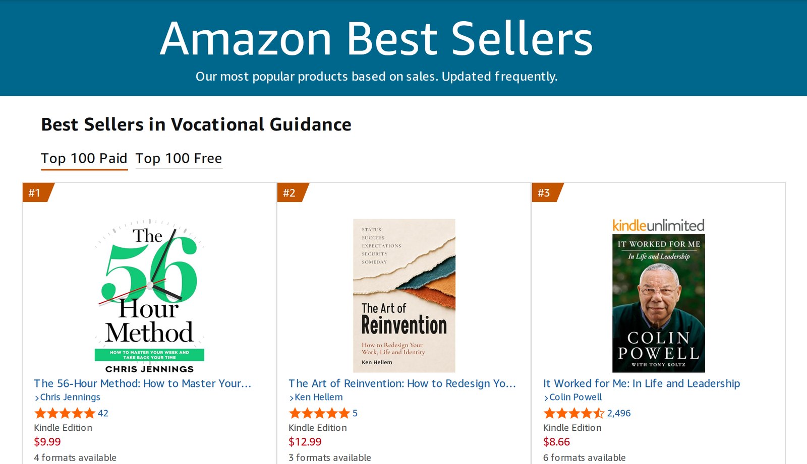 Amazon US Best Sellers list for Vocational Guidance in the Kindle Store. The Art of Reinvention by Ken Hellem is #2, between The 56-Hour Method at #1 and It Worked for Me by Colin Powell at #3.